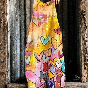 NWOT Colorful Heart Print Graffiti Artsy Overalls